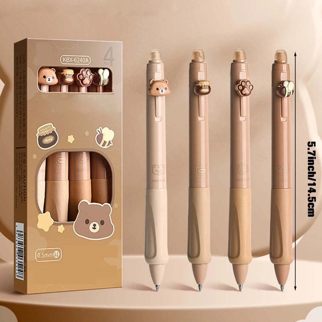 4pcs Cute Bear Erasable Pens, Retractable Erasable Pens, 0.5mm Black/Blue Ink Erasable Pens, Quick Drying Ink（Coffee&Purple） - Clikcy