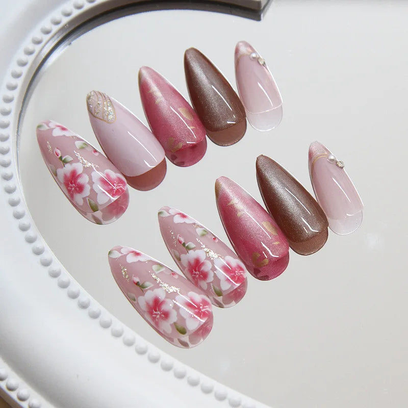 24Pcs Peach Blossom Press on Nails Cat's Eye Nude Glitter False Nail for Women&Girl Spring and Summer Detachable Wearable Nail - Clikcy