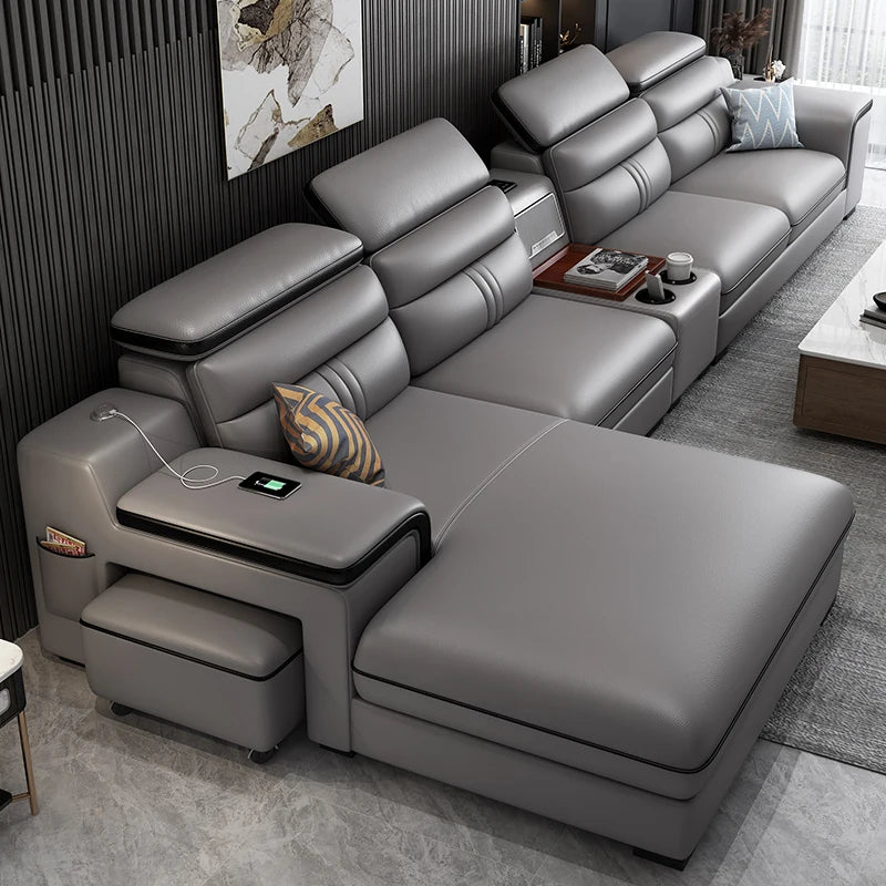 MINGDIBAO Leather Sectional Sofa Set with Cup Holder, USB, Adjustable Headrests & Bluetooth Speaker Living Room Couch with Stool - Clikcy