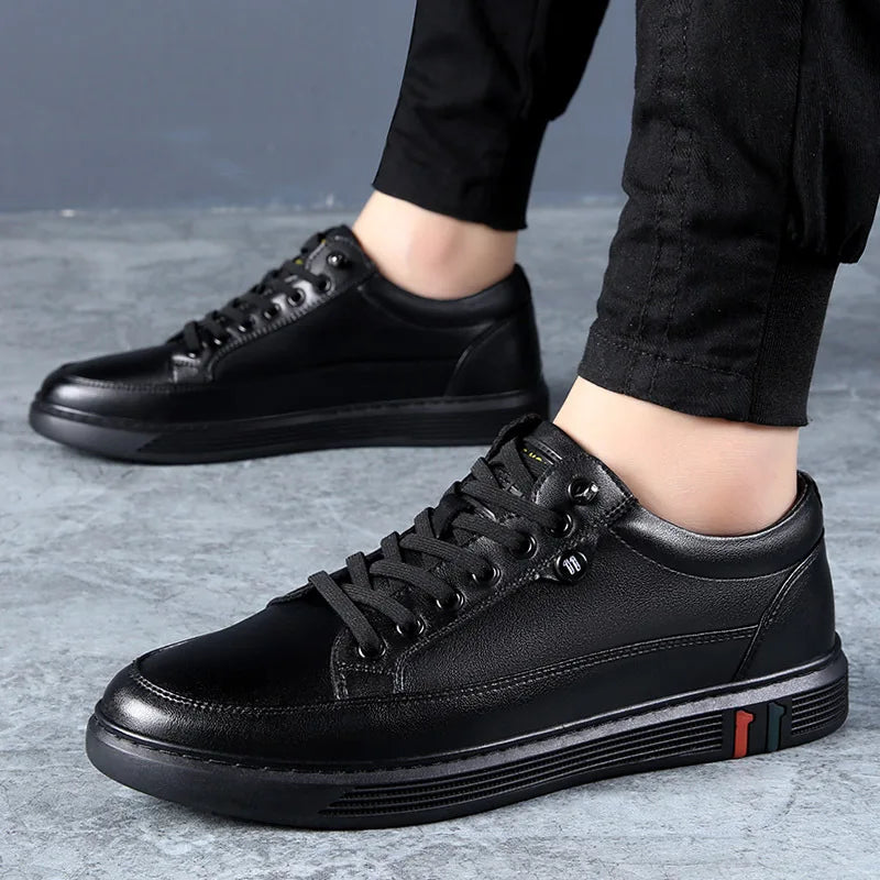 Spring Autumn Genuine Leather Shoes Men Footwear Soft Cowhide Casual Flat Brand Pure Black - Clikcy