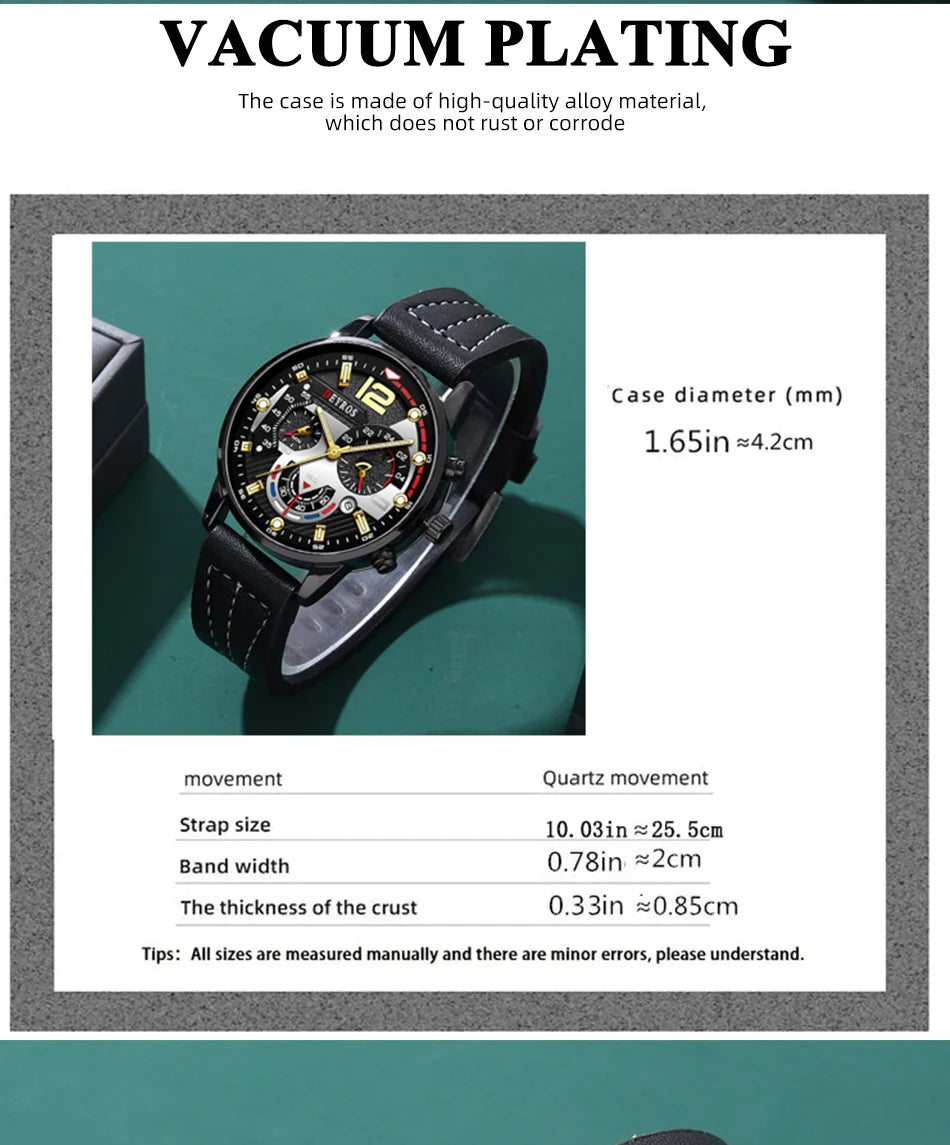 3PCS Set Fashion Mens Watches Luxury Black Leather Quartz Wristwatch Calendar Date Men Business Casual Watch Bracelet Necklace - Clikcy