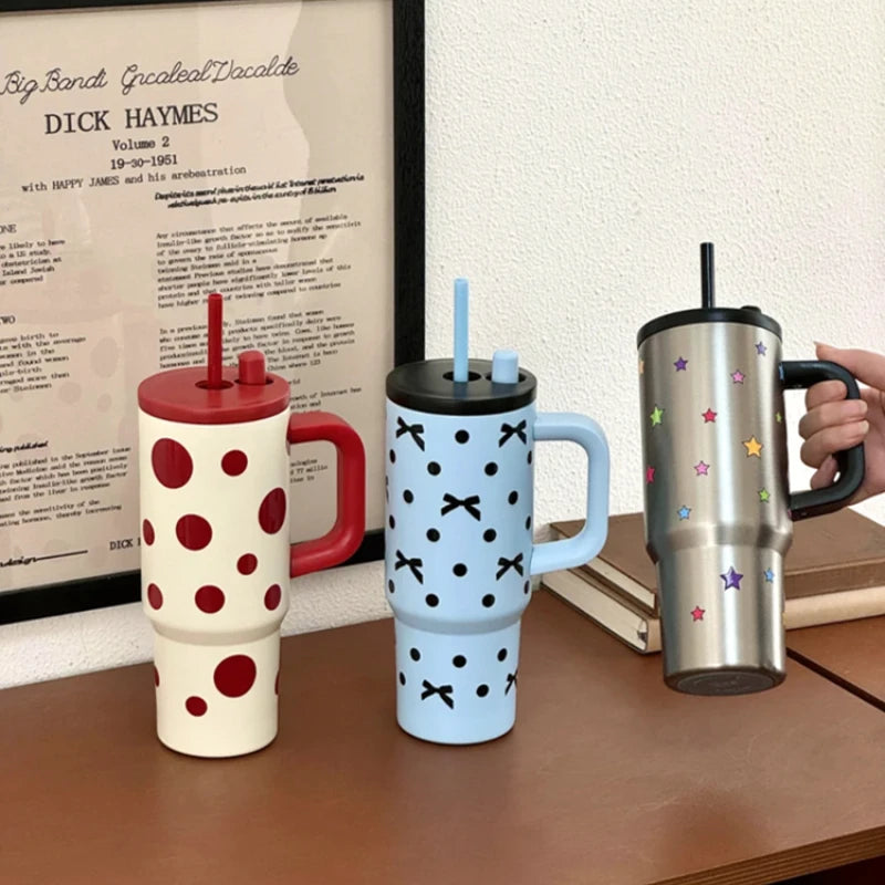 24oz Portability Tumbler with Handle Straw Lid Large Volume Stainless Steel Vacuum Insulated Cup Keep Cold Travel Mug - Clikcy