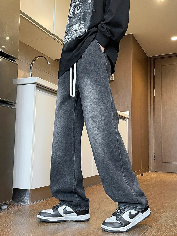 Men's Spring Summer Semi-Wide Leg Jeans Korean Fashion Washed Cotton Casual Denim Pants Black Blue Straight Trousers - Clikcy