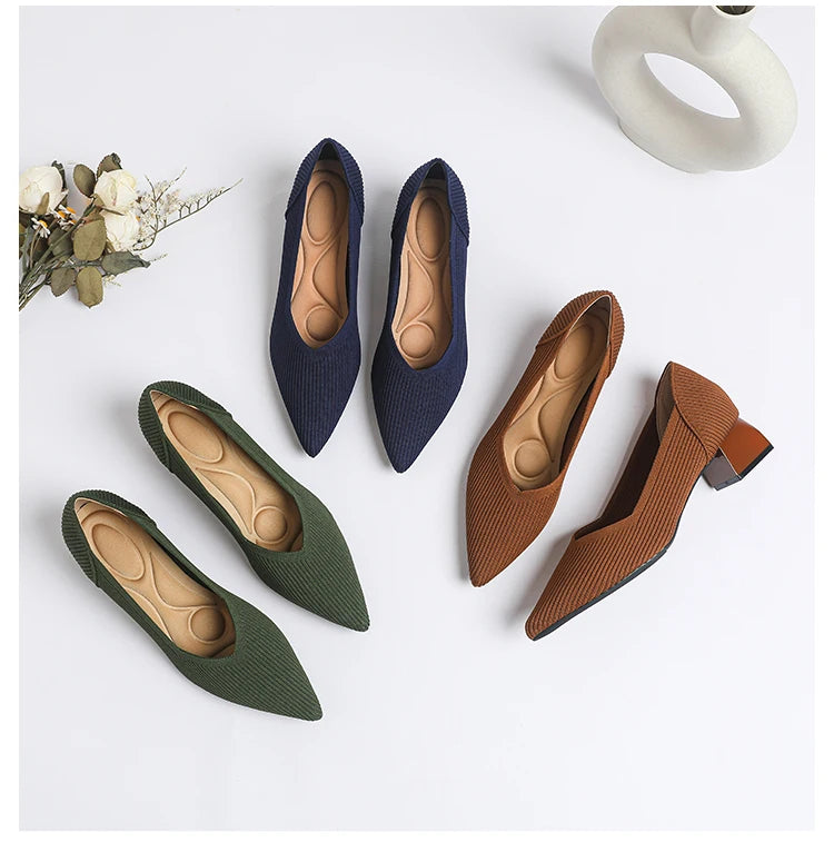 Women's large high-heeled shoes Multicolor pointy knit breathable comfortable anti-skid rubber sole work shoes 2023 new autumn