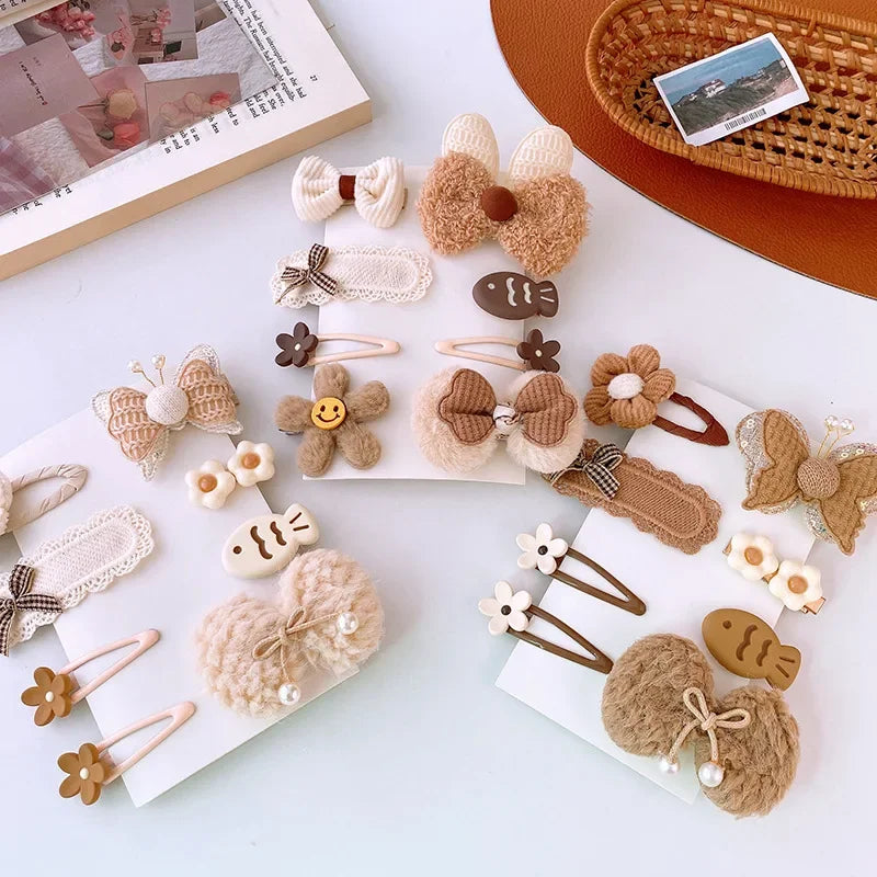 8pcs/set Sweet Girl Hair Clip Cartoon Bear Floral Bowknot Hair Pin for Toddler Girls Lovely Beige Coffee Color Kid baby Headwear - Clikcy