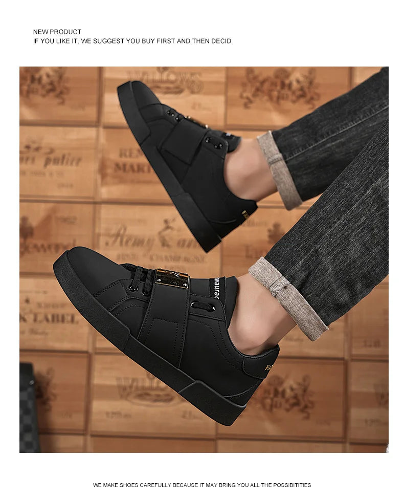 HKDQ Classic Black Sneakers For Men Fashion Design Leather Casual Sneakers Man Street Style Comfortable Men's Skateboard Shoes