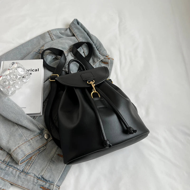 Genuine PU Leather Backpack Female Large Capacity Casual School Bag Solid Drawstring Travel Shoulder Bag Korean Fashion Backpack - Clikcy