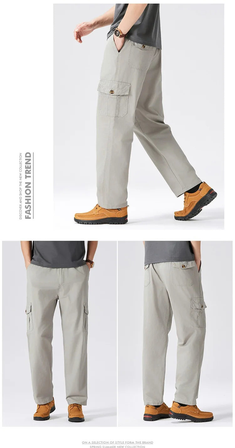 100% Cotton Men's Cargo Pants Straight Fit Loose Work Trouser Male Spring Summer High Waist Big Size Large Plus Elastic Pocket - Clikcy