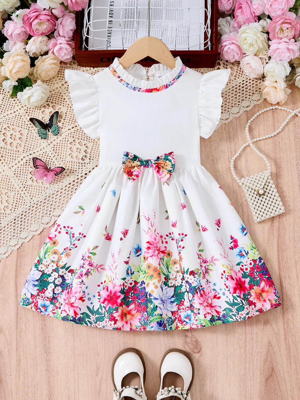 New Kids Girl Dress Summer Floral with Bow Fashion White Vestidos Short Sleeve Children Clothing Outfits Casual Daily Dresses - Clikcy