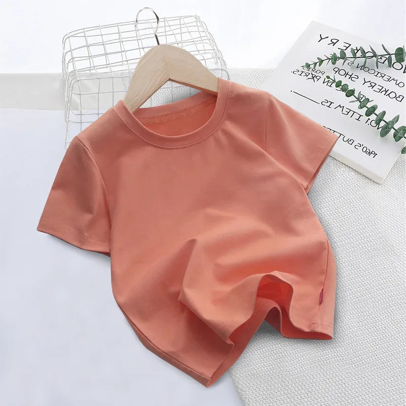Summer Solid Color Children Cotton T-shirt for Boys Girls White Tops Tees Kids Clothes 2-10Y Student Casual Tee - Clikcy