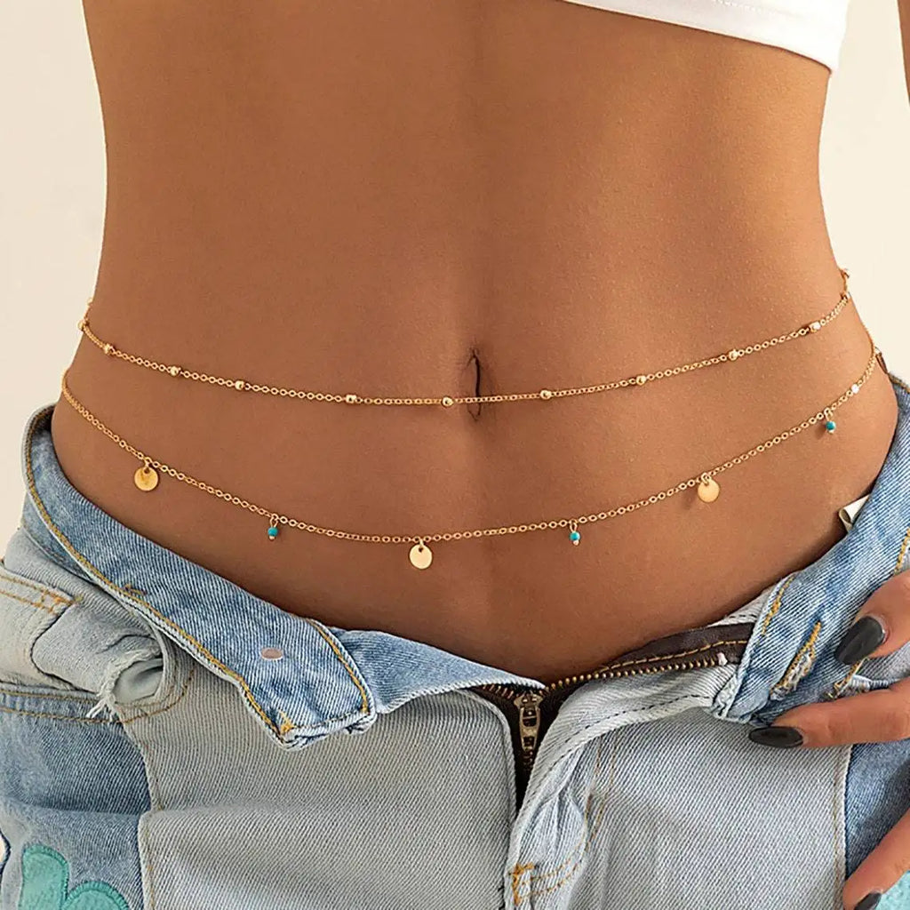 Minimalist Tassel Sequin Double Layer Chain Casual Pants Chain Hip-hop Body Chain Fashionable Retro Turquoise Waist Chain - Clikcy