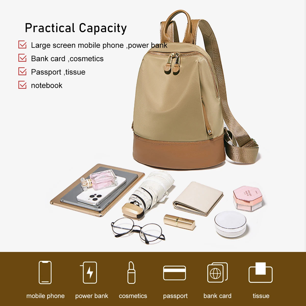 Marino Orlan Cow Leather Backpack for Women 2025 New Fashion Spring&Summer Waterproof Nylon Cloth Travel Student School Bag - Clikcy