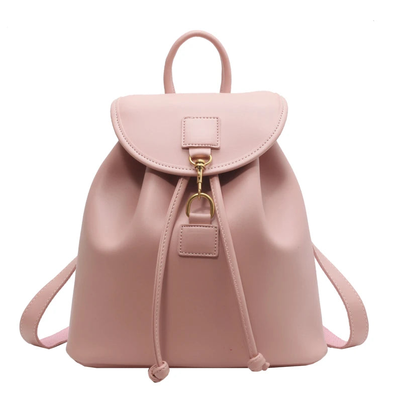 Genuine PU Leather Backpack Female Large Capacity Casual School Bag Solid Drawstring Travel Shoulder Bag Korean Fashion Backpack - Clikcy