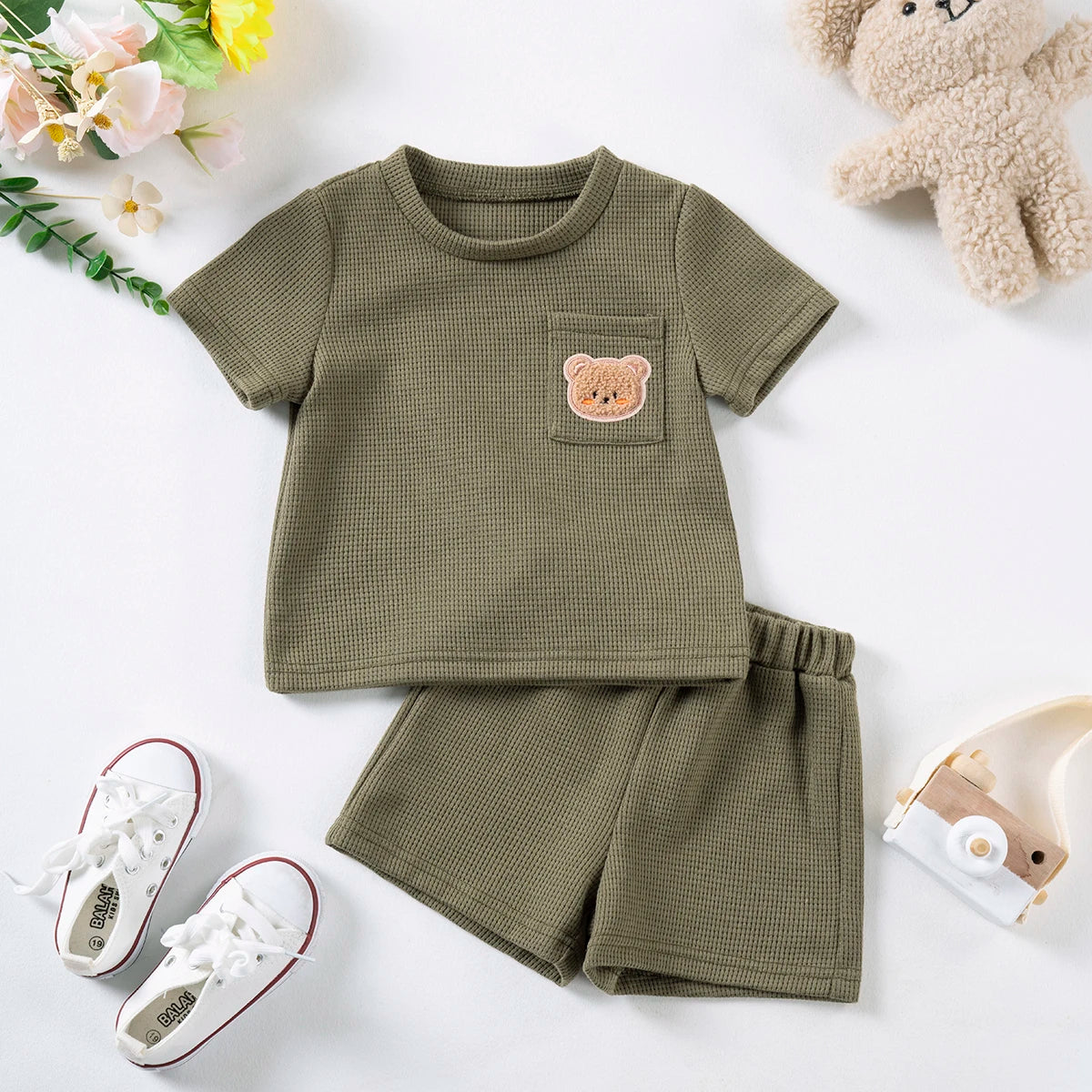 Kids Suit Summer Boys Girls Solid Colour Suit 0-6Y Cute Bear Short Sleeve + Breathable Shorts 2pcs Comfortable and Skin-friendly - Clikcy