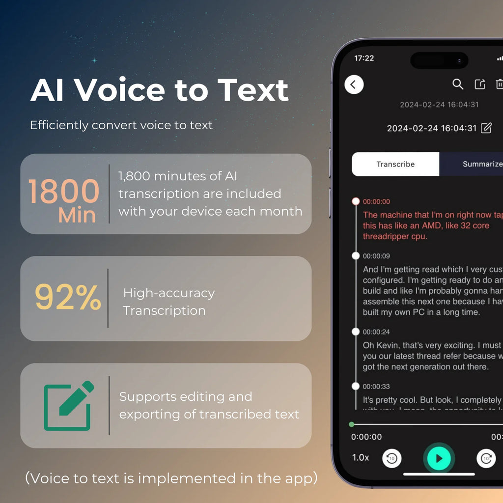 AI-Powered Voice Recorder and Call Recorder with Speech-to-Text & Summarization, Supports 100 Languages, 64GB Storage - Clikcy