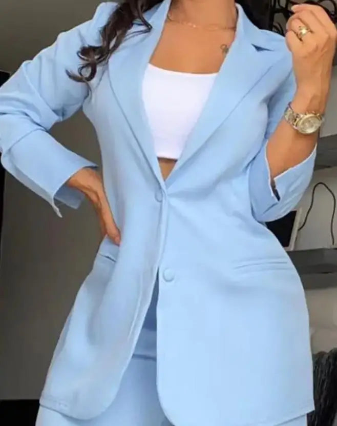 Women's Urban Suits 2024 Spring/Summer Latest Elegant Notched Collar Blazer Long sleeved Coat&Pocket Design Button Pants Set - Clikcy