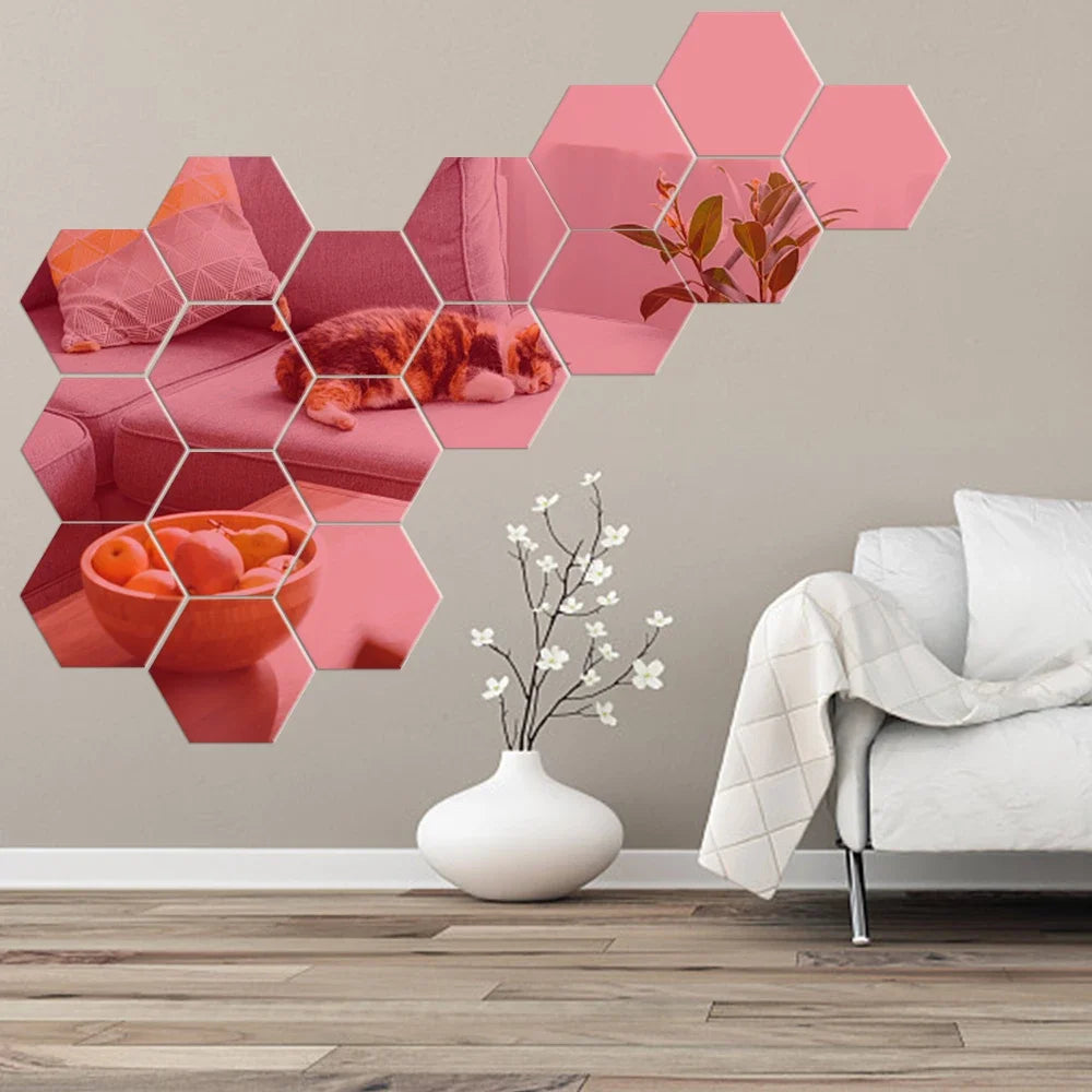 6/12pcs 3D Hexagon Mirror Wall Sticker Rose Gold DIY TV Background Living Room Stickers Wall Decor Bedroom Bathroom Home Decor - Clikcy