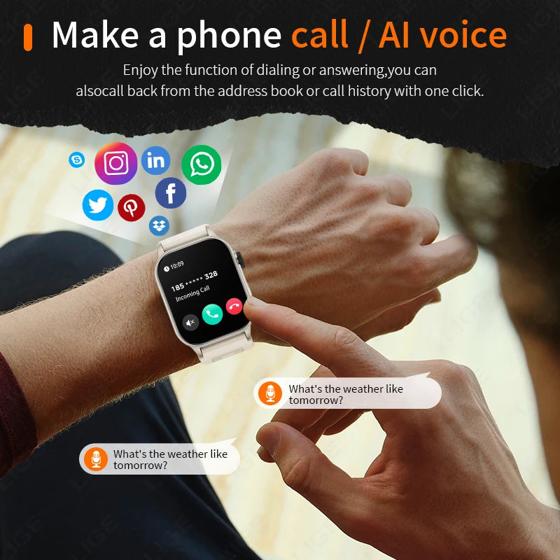 LIGE Smart Watch for Men 3ATM Waterproof Bluetooth Call Health Monitor With Flashlight 370mahBattery 100+Sport Mode Smartwatches - Clikcy