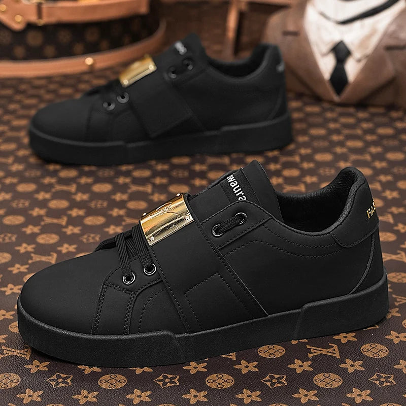 HKDQ Classic Black Sneakers For Men Fashion Design Leather Casual Sneakers Man Street Style Comfortable Men's Skateboard Shoes