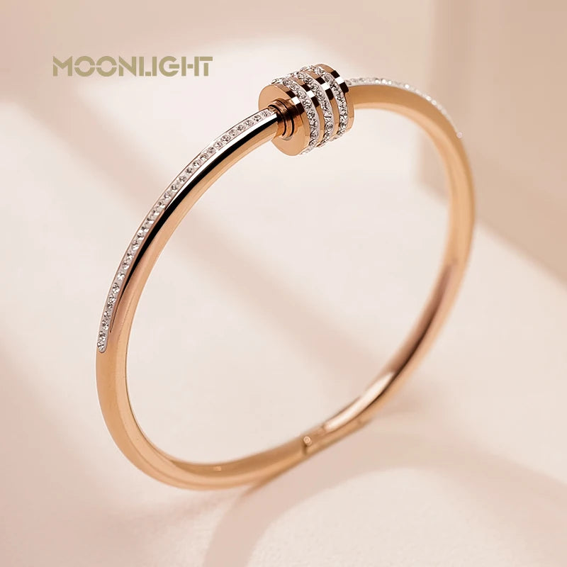 MOONLIGHT Classic Stainless Steel Zircon Bangle For Women Circular Screw Bracelet Female Jewelry Gifts Fashion Accessories - Clikcy