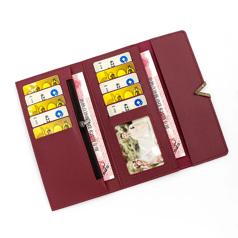 New Korean version women's wallet long V-shaped buckle three fold wallet for women, hand-held bag, change card bag - Clikcy