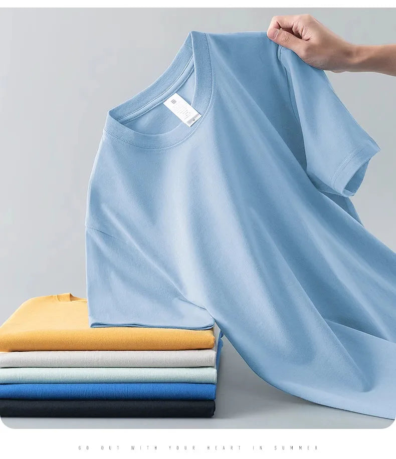 Heavyweight round neck pure cotton short sleeved t-shirt loose solid color white t men's and women's bottom shirt solid color - Clikcy