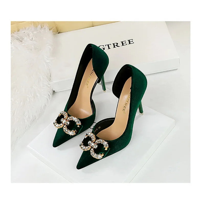 Fashion Women High Heel Rhinestone Buckle Bow Green Pink Pointed Toe Party Pumps Velvet Luxury Elegant Wedding Evening Shoes - Clikcy