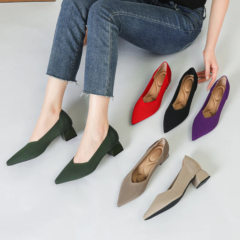 Women's large high-heeled shoes Multicolor pointy knit breathable comfortable anti-skid rubber sole work shoes 2023 new autumn - Clikcy