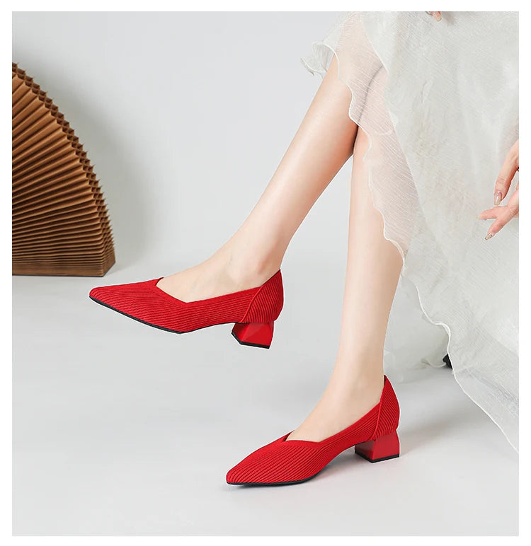 Women's large high-heeled shoes Multicolor pointy knit breathable comfortable anti-skid rubber sole work shoes 2023 new autumn - Clikcy