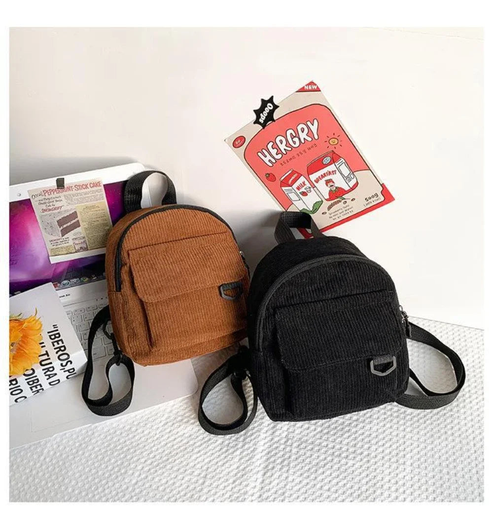 Women's Mini Backpack Fashion Solid Color Corduroy Small Simple Casual Traveling Large Capacity Durable Female's Schoolbag - Clikcy