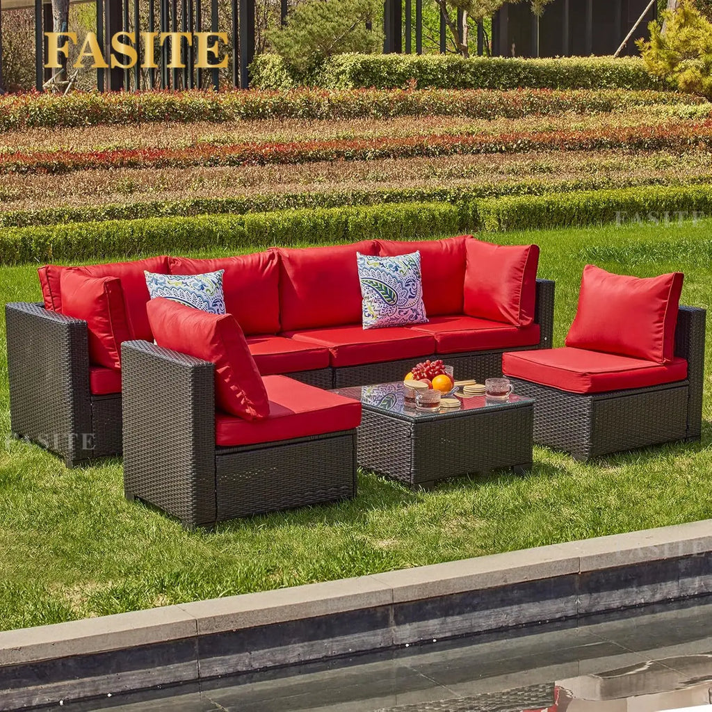 7 Pieces Outdoor Patio Furniture Sets, PE Rattan Wicker Patio Conversation Set with Tea Table - Clikcy