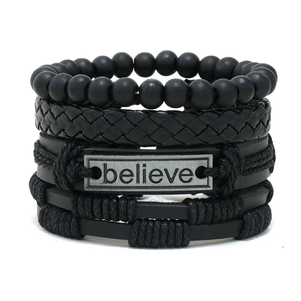 Vintage Leather Hand-knitted Couple Bracelet Set for Men Women Personality Design World Tree Bangle Jewelry Accessories Gift