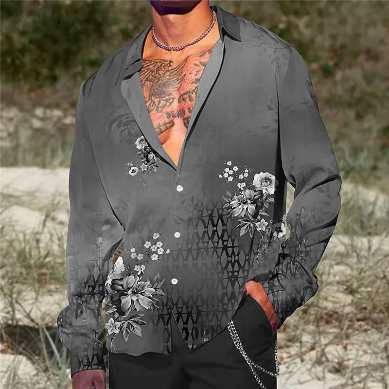 2023 Fashion Shirt Lapel Casual Men's Graffiti Ink Painting Flower Butterfly Outdoor Retro High Quality Material Top Plus Size - Clikcy