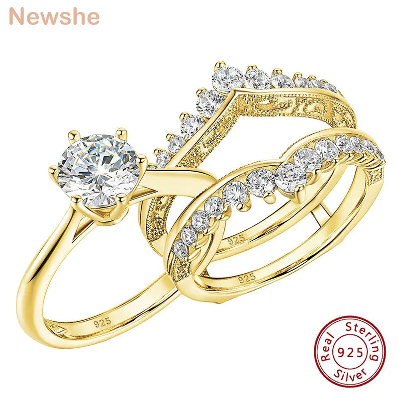 Newshe 14k Yellow Gold Bridal Ring Set for Women 2Ct Round Cut AAAAA Cubic Zircon Wedding Engagement Anniversary Band BR1167_Y - Clikcy