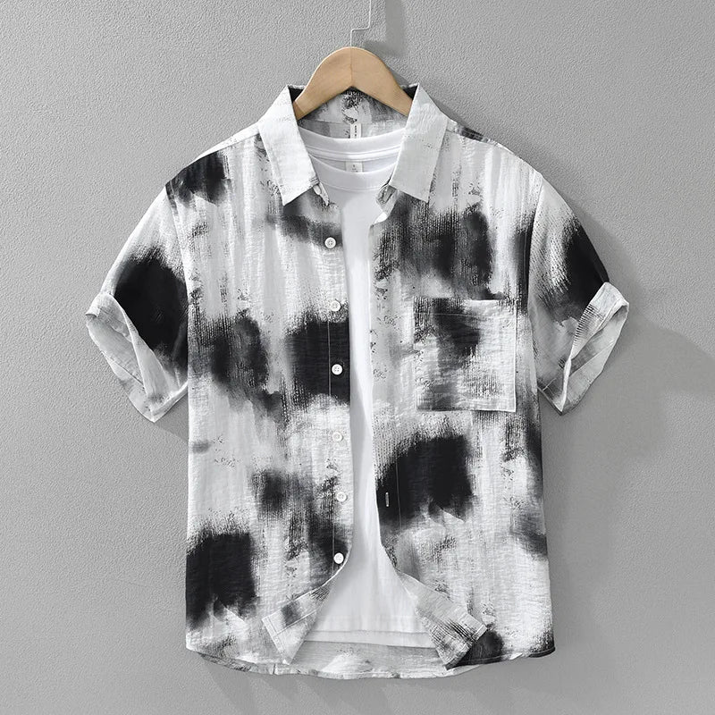 2025 Spring Summer New Vintage Tie-dye Printed Short Sleeve Shirts for Men Clothing Turn-down Collar Male Shirts CM8136 - Clikcy