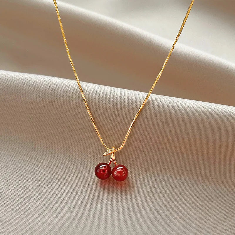 Wine Red Cherry Gold Colour Pendant Necklace Earrings set For Women Personality Fashion Necklace Wedding Jewelry Birthday Gifts - Clikcy