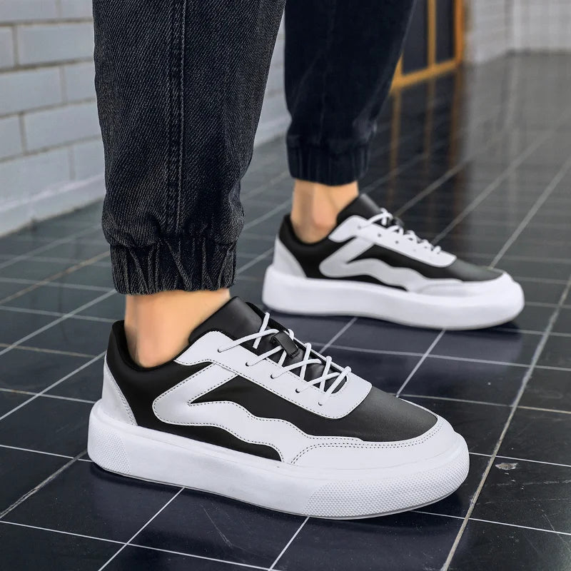 Outdoor Men's Sneakers Comfortable Leather Men's Platform Shoes Casual Lace-up Vulcanized Shoes Black White Walking Shoes - Clikcy