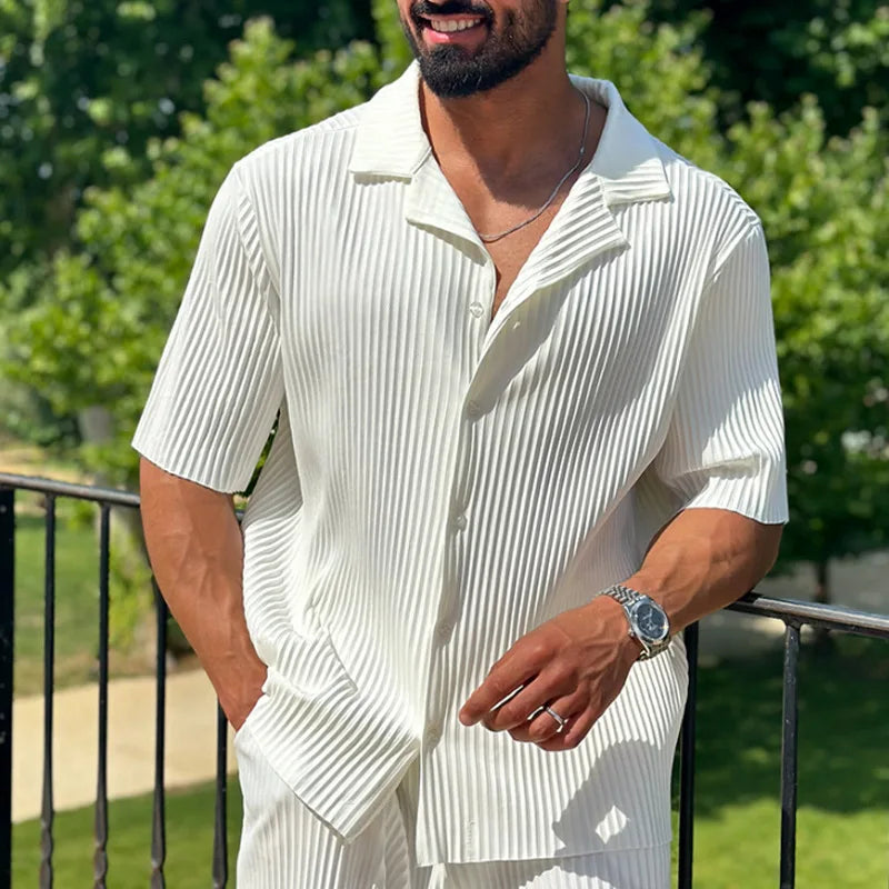 Summer Fashion Casual Loose Men's Button Open Shirt Short Sleeve Pants Set Home Vacation Thin Breathable Quick Drying 2-pie Set - Clikcy