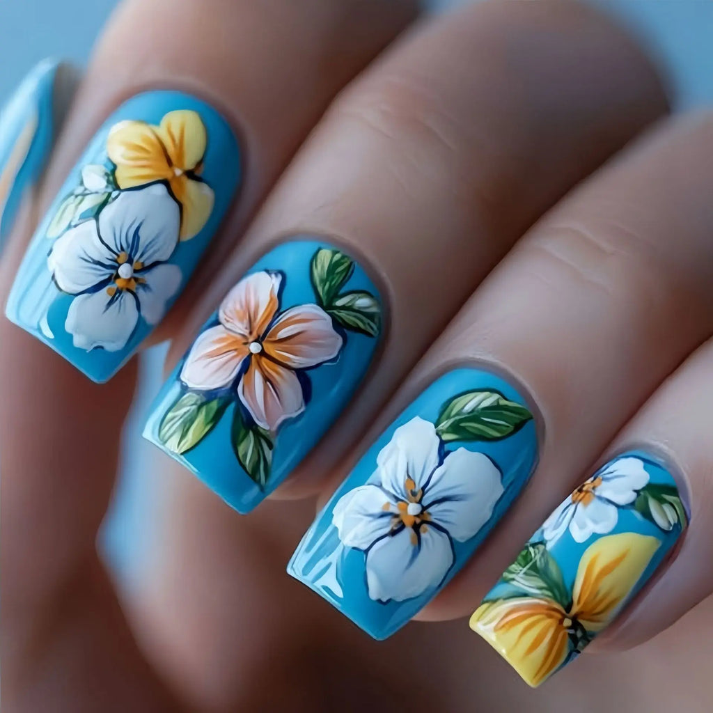 24pcs/set Medium Long fake nails for Spring summer beautiful flowers mushroom bees cute almond square tips press on false nails - Clikcy