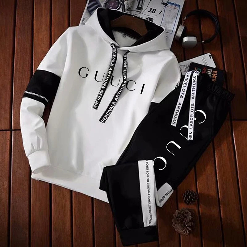 Hot Sale Mens Tracksuit Trend Print Hooded Sweatshirts 2pcs Set Casual Sports Jogging Suit Versatile BlackWhite Streetwear Woman - Clikcy