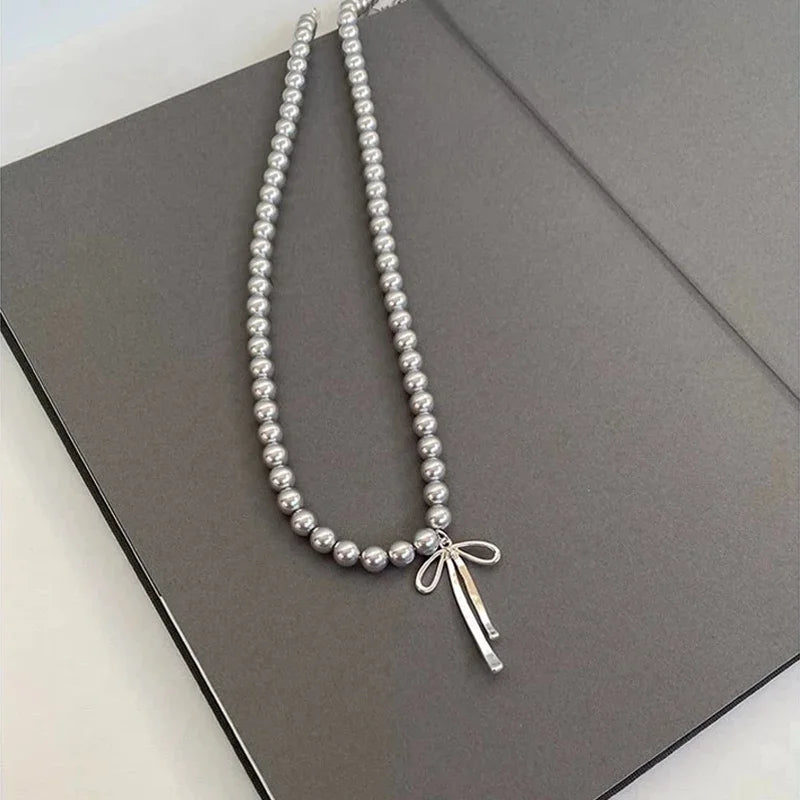 LATS Gray Pearls Bowknot Pendant Necklace for Women Girls Graceful Butterfly Choker Chain Jewelry Gift Accessories - Clikcy