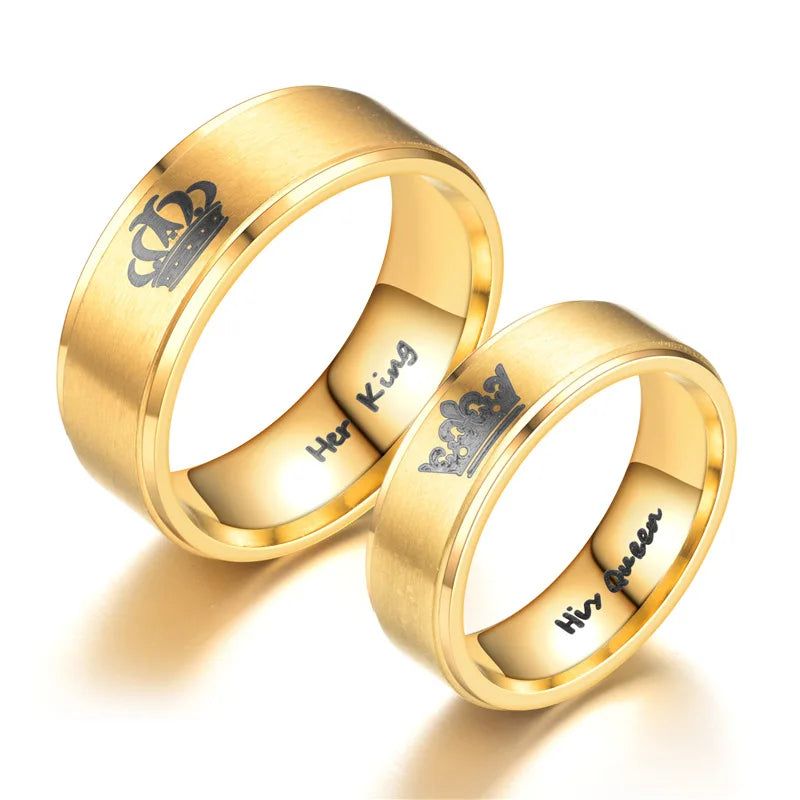 Gold Colour King Queen Crown Stainless Steel Couple Rings for Lovers Promise Men Women Valentine's Day Gifts - Clikcy