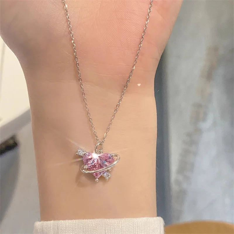 Y2K Pink Planet Heart Zircon Pendant Necklaces Women Fashion Aesthetic Clavicle Chain Necklace Valentines Day Gift Party Jewelry - Clikcy