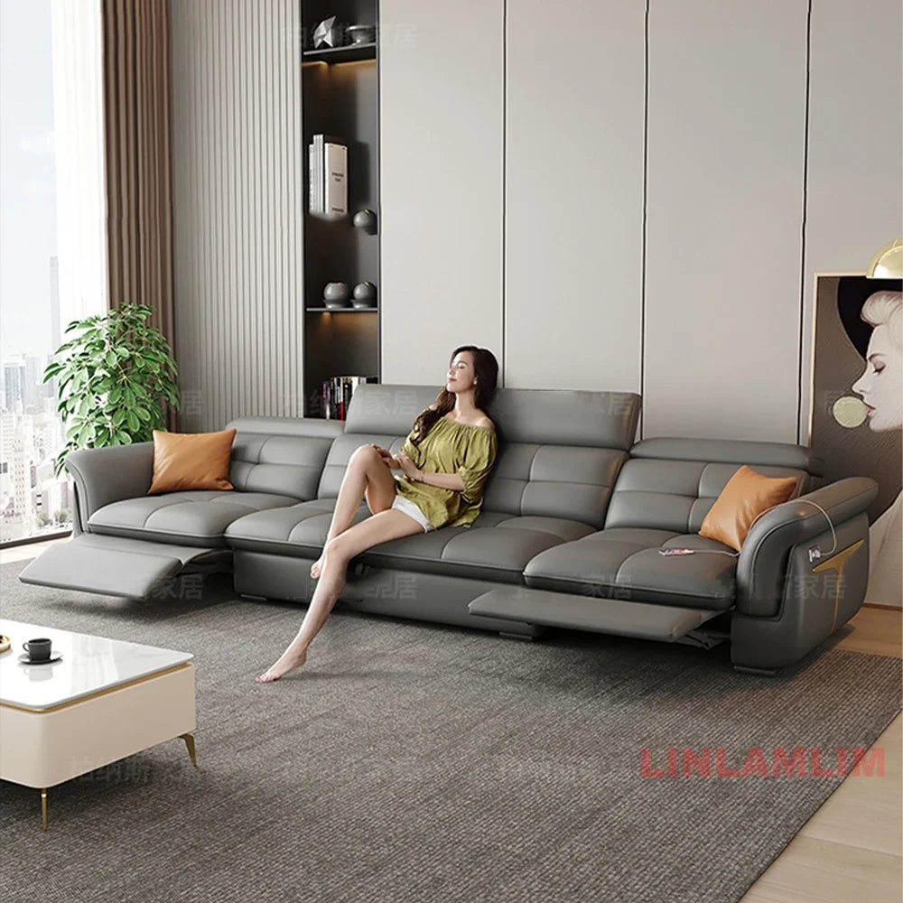 Modern Electric Recliner Sofa Bed with Adjustable Backrest, L-Shaped Multifunctional Italian Genuine Leather Sectional Couch - Clikcy