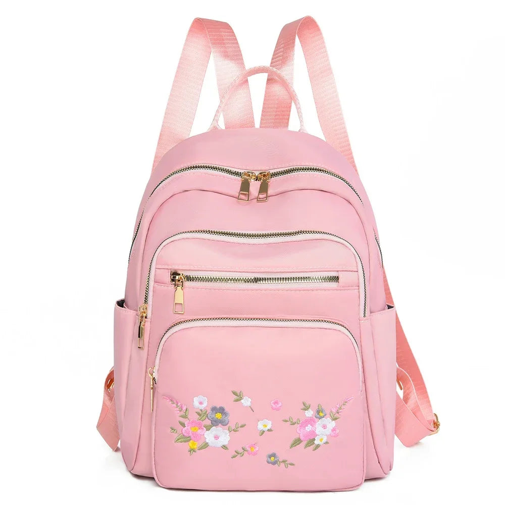 Fashion Nylon Backpack For Women Embroidery Design Student School Bag Leisure Travel Rucksack Popular Girl Commuting Sac A Dos
