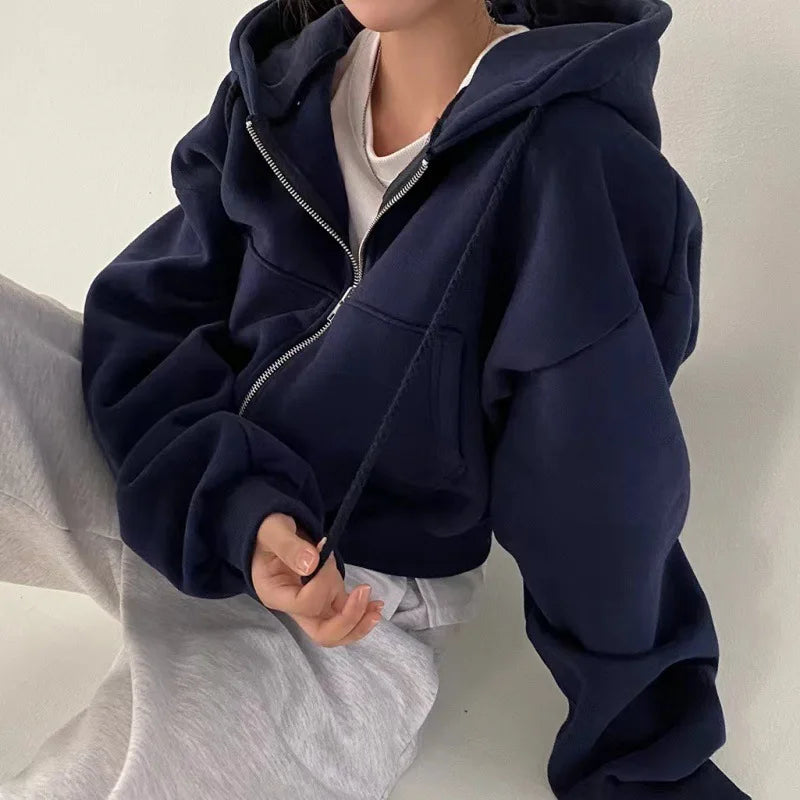2024 Spring Autumn New Insfleece-lined Versatile Cropped Slims Smooths Silhouette Zip-up Warm Navy Blue Hooded Sweatshirt Women - Clikcy