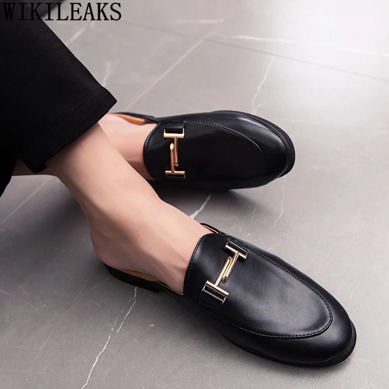 White Slip on Shoes Men Mules Leather Shoes Man Classic Black Half Shoes for Men 2025 Mules Homme Chaussure Homme Mule Masculino