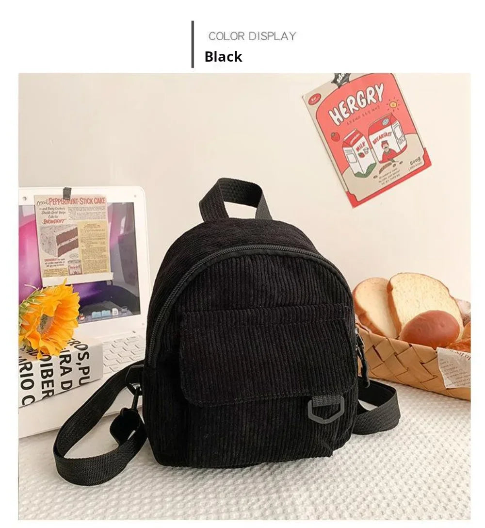 Women's Mini Backpack Fashion Solid Color Corduroy Small Simple Casual Traveling Large Capacity Durable Female's Schoolbag - Clikcy