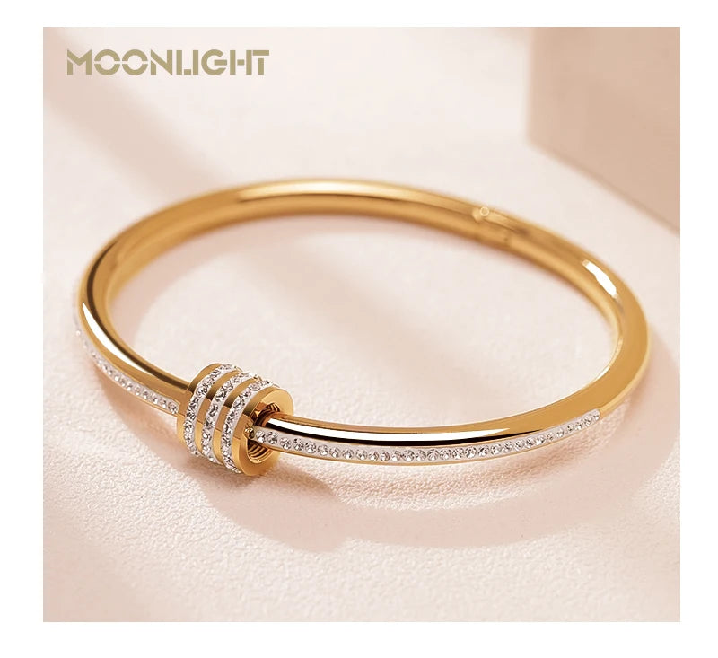 MOONLIGHT Classic Stainless Steel Zircon Bangle For Women Circular Screw Bracelet Female Jewelry Gifts Fashion Accessories - Clikcy