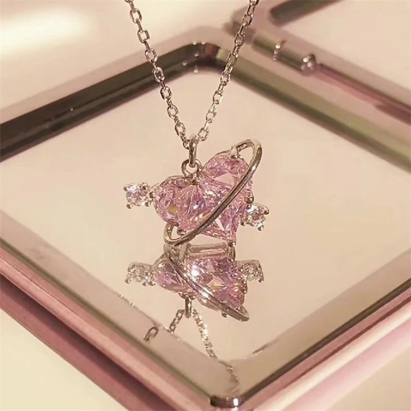 Y2K Pink Planet Heart Zircon Pendant Necklaces Women Fashion Aesthetic Clavicle Chain Necklace Valentines Day Gift Party Jewelry - Clikcy
